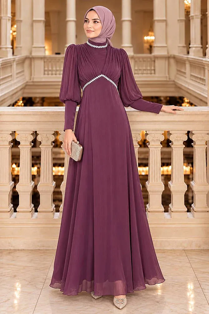 Rhinestone Trim Detail Draped Plum Iridescent Modest Evening Dress 48490MU - 1