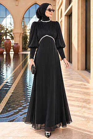 Rhinestone Trim Detail Draped Black Iridescent Modest Evening Dress 48490S 