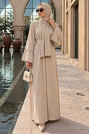 Taş Şerit Detaylı Şallı Lima Bej Tesettür Taş Detaylı Şallı Abaya 7096BEJ 