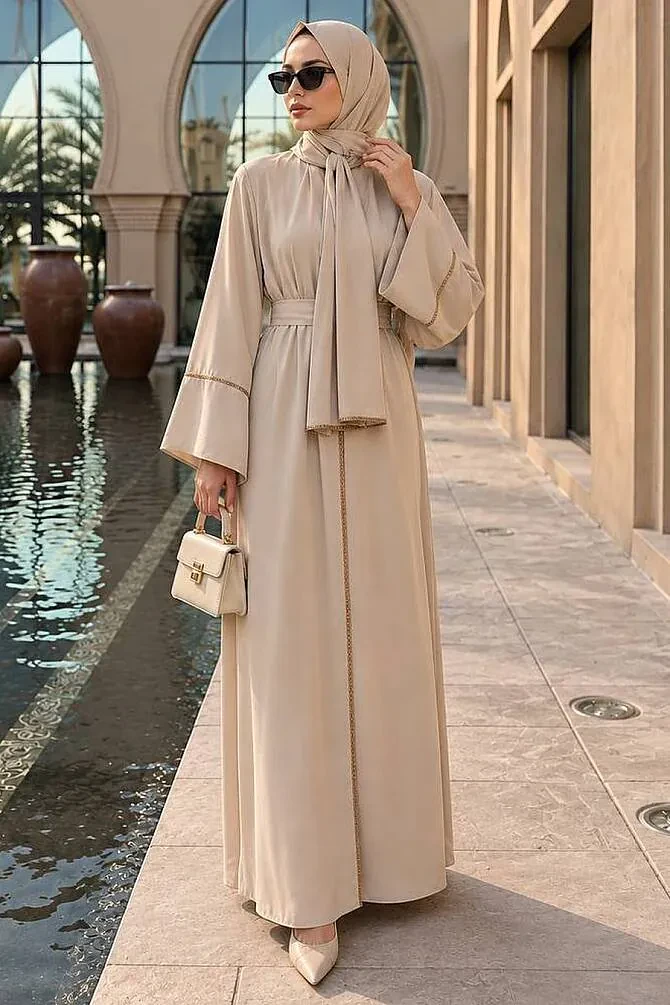 Taş Şerit Detaylı Şallı Lima Bej Tesettür Taş Detaylı Şallı Abaya 7096BEJ - 1
