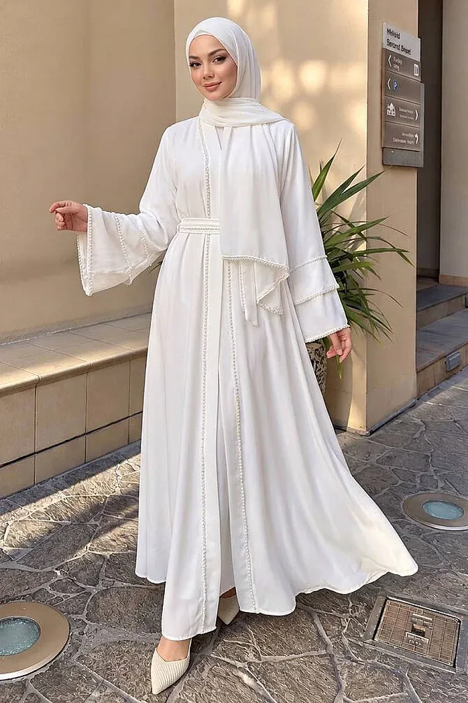 Taş Şerit Detaylı Şallı Lima Beyaz Tesettür Taş Detaylı Şallı Abaya 7096B - 1