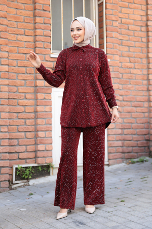 Taşlı Bordo Tesettür İkili Takım 12921BR - 2