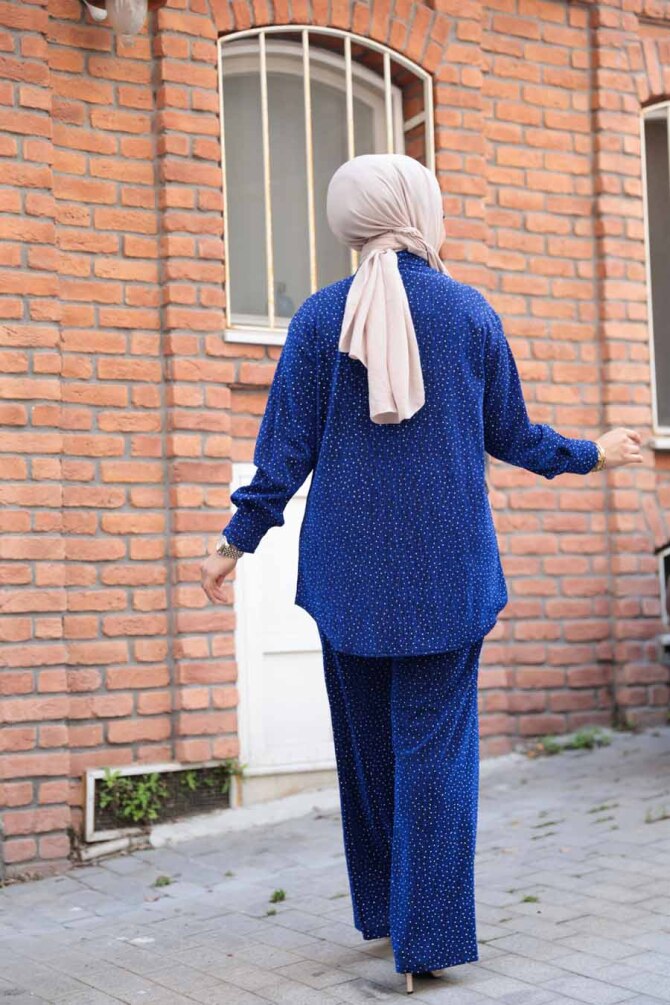 Taşlı İndigo Mavisi Tesettür İkili Takım 12921IM - 3