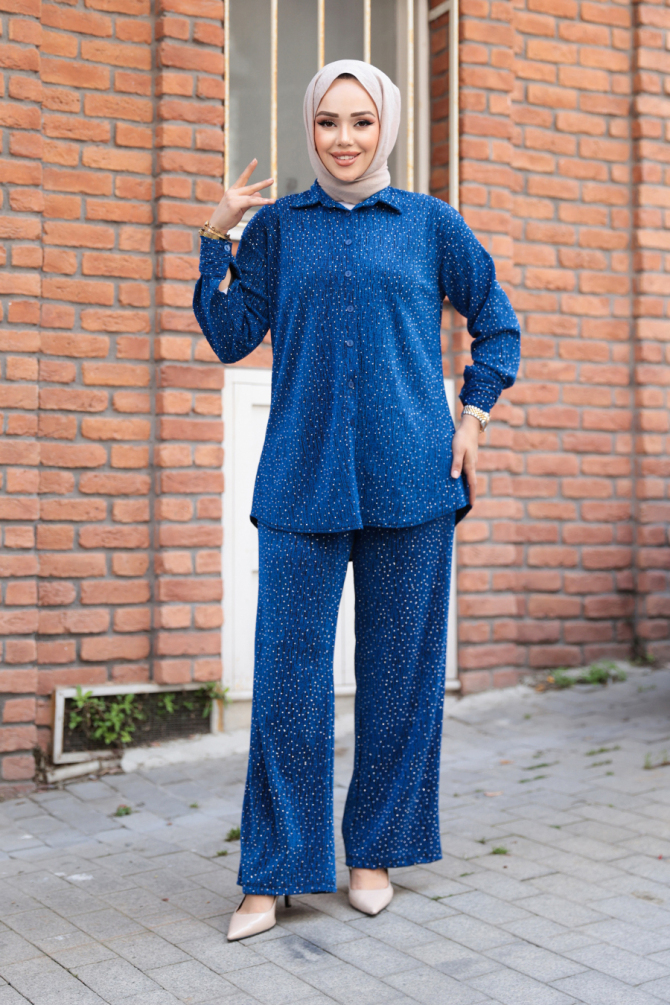 Taşlı İndigo Mavisi Tesettür İkili Takım 12921IM - 2