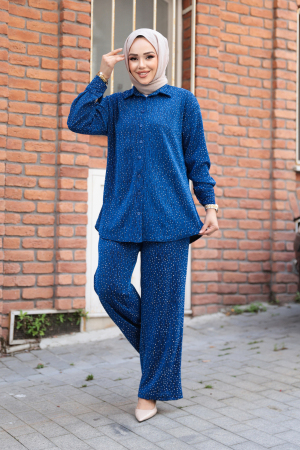 Taşlı İndigo Mavisi Tesettür İkili Takım 12921IM 
