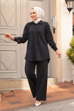 Taşlı Koyu Lacivert Tesettür İkili Takım 12921KL 