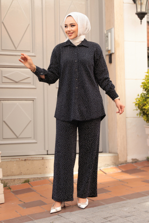 Taşlı Koyu Lacivert Tesettür İkili Takım 12921KL - 2