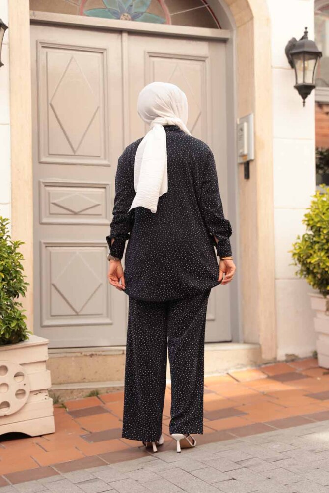 Taşlı Koyu Lacivert Tesettür İkili Takım 12921KL - 3