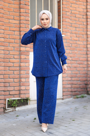 Taşlı Sax Mavisi Tesettür İkili Takım 12921SX - 2
