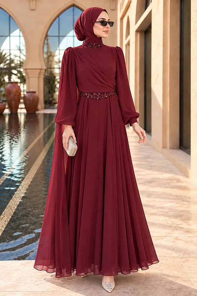 Rhinestone Collar and Waist Detail Chiffon Burgundy Modest Evening Dress 50050BR - 1