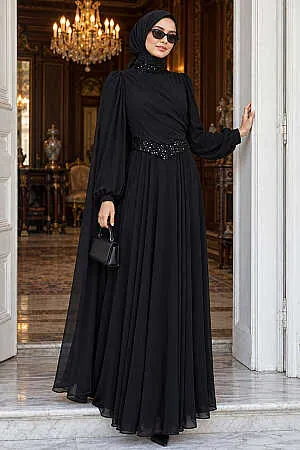 Taşlı Yaka ve Bel Detaylı Şifon Siyah Tesettür Abiye Elbise 50050S - 1