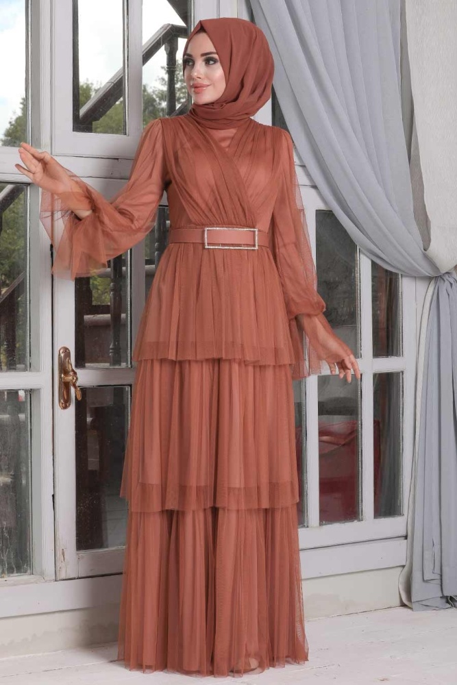 Terra Cotta Hijab Evening Dress 21320KRMT - 1