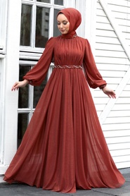 Terra Cotta Hijab Evening Dress 21680KRMT - Thumbnail