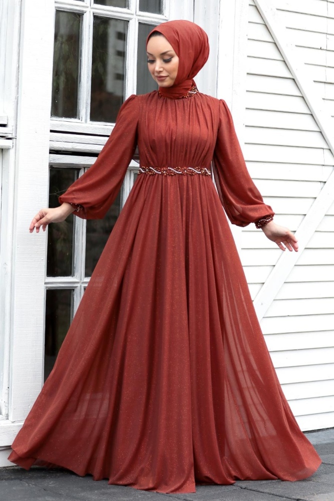 Terra Cotta Hijab Evening Dress 21680KRMT - 1