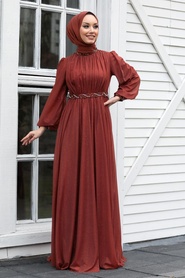 Terra Cotta Hijab Evening Dress 21680KRMT - Thumbnail