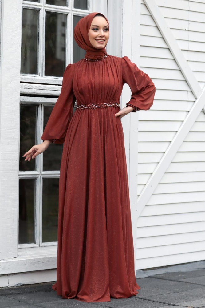 Terra Cotta Hijab Evening Dress 21680KRMT - 2