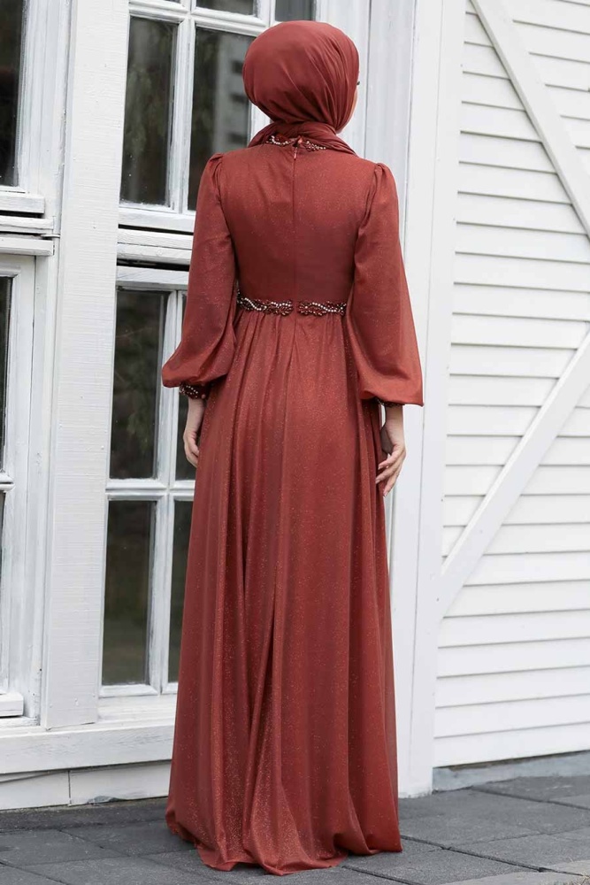 Terra Cotta Hijab Evening Dress 21680KRMT - 3