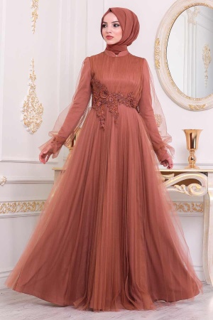 Terra Cotta Hijab Evening Dress 21710KRMT - 1