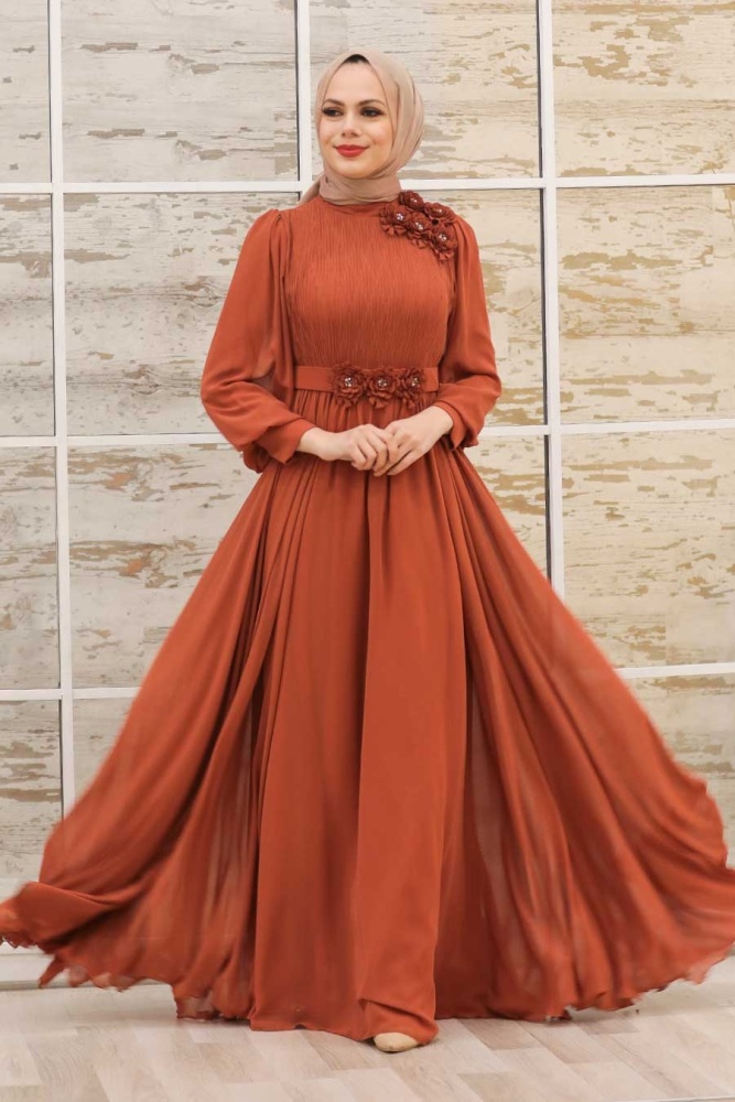 Terra Cotta Hijab Evening Dress 21951KRMT - 1