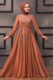 Neva Style - Long Terra Cotta Islamic Wedding Dress 22031KRMT - Thumbnail
