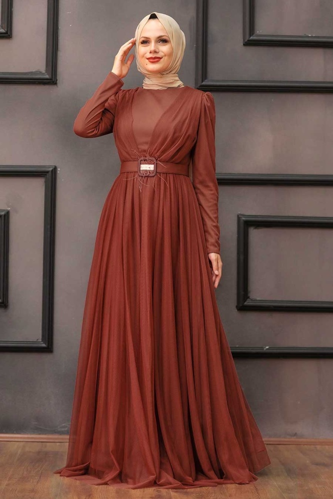 Terra Cotta Hijab Evening Dress 23341KRMT - 1