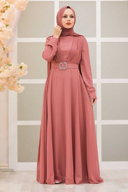 Neva Style - Modern Terra Cotta Hijab Evening Dress 27690KRMT - 1