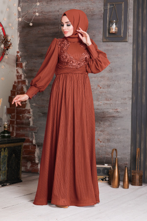 Terra Cotta Hijab Evening Dress 40302KRMT - 1