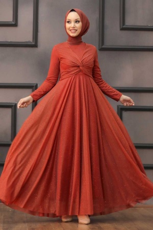 Neva Style - Plus Size Dark Terra Cotta Islamic Clothing Evening Dress 5397KKRMT - 1