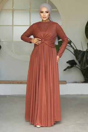 Neva Style - Plus Size Terra Cotta Islamic Clothing Evening Dress 5397KRMT - 4