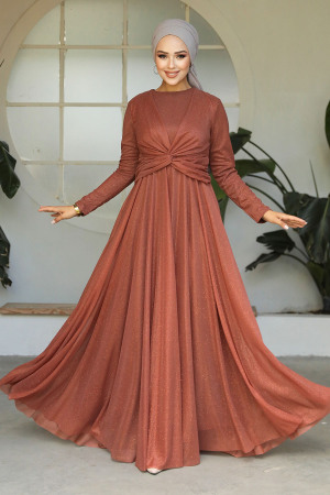 Neva Style - Plus Size Terra Cotta Islamic Clothing Evening Dress 5397KRMT - 5