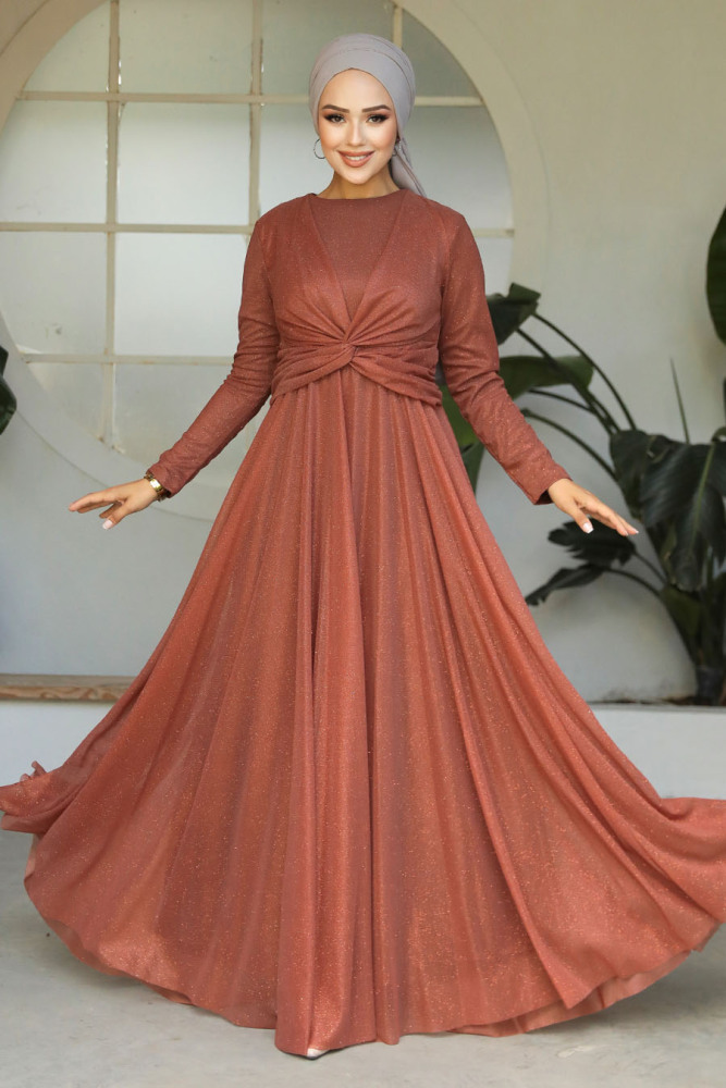 Neva Style - Plus Size Terra Cotta Islamic Clothing Evening Dress 5397KRMT - 1