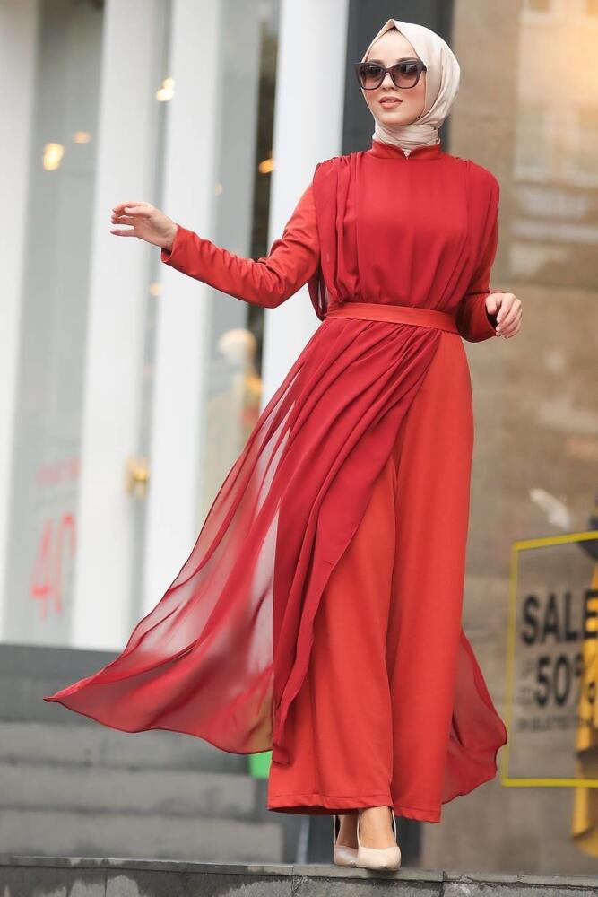 Terra Cotta Hijab Evening Jumpsuit 51182KRMT - 3