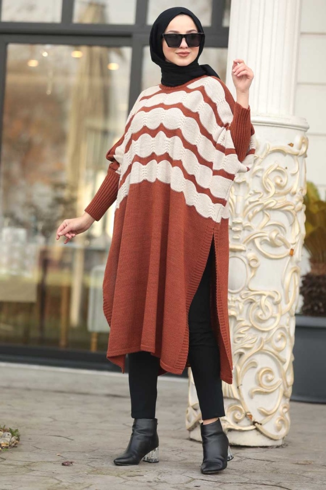 Terra Cotta Hijab Knitwear Poncho 15653KRMT - 1