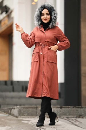 Terra Cotta Hijab Parka Coat 90670KRMT - 1