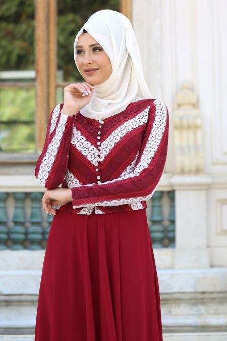 Tesettür Abiye Elbise - Asimetrik Görünümlü Dantel Detaylı Bordo Abiye Elbise 7709BR - 2