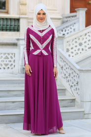 Tesettür Abiye Elbise - Asimetrik Görünümlü Dantel Detaylı Fuşya Abiye Elbise 7709F - Thumbnail