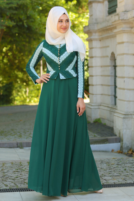 Tesettür Abiye Elbise - Asimetrik Görünümlü Dantel Detaylı Yeşil Abiye Elbise 7709Y