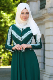 Tesettür Abiye Elbise - Asimetrik Görünümlü Dantel Detaylı Yeşil Abiye Elbise 7709Y - Thumbnail