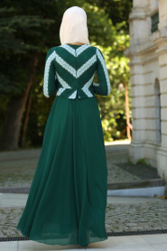 Tesettür Abiye Elbise - Asimetrik Görünümlü Dantel Detaylı Yeşil Abiye Elbise 7709Y - Thumbnail
