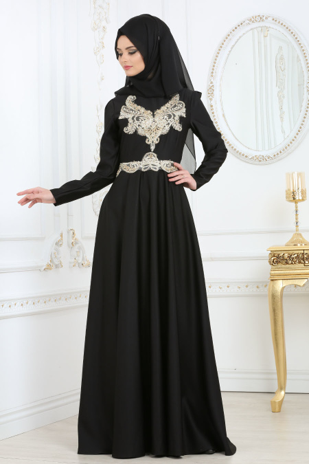 Tesettür Abiye Elbise - Black Hijab Evening Dress 2694S