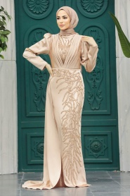 Tesettür Abiye Elbise - Boncuk İşlemeli Gold Tesettür Abiye Elbise 23122GOLD - Thumbnail