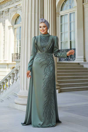 Tesettür Abiye Elbise - Boncuk İşlemeli Haki Tesettür Abiye Elbise 23122HK - 1