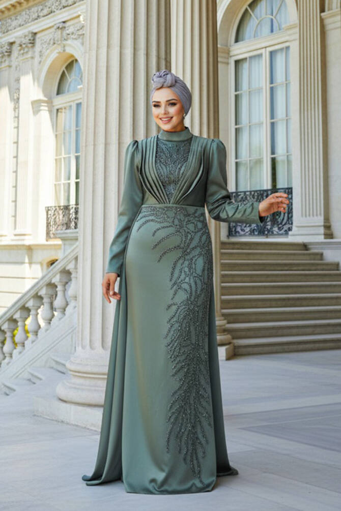 Tesettür Abiye Elbise - Boncuk İşlemeli Haki Tesettür Abiye Elbise 23122HK - TESETTÜRLÜ ABİYE ELBİSELER