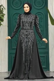 Tesettür Abiye Elbise - Boncuk İşlemeli Siyah Tesettür Abiye Elbise 42081S - Thumbnail