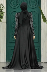 Tesettür Abiye Elbise - Boncuk İşlemeli Siyah Tesettür Abiye Elbise 42081S - Thumbnail