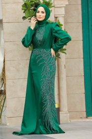 Tesettür Abiye Elbise - Boncuk İşlemeli Yeşil Tesettür Abiye Elbise 23122Y - Thumbnail
