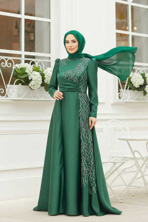 Tesettür Abiye Elbise - Boncuk İşlemeli Zümrüt Yeşili Tesettür Abiye Elbise 2295ZY - 1