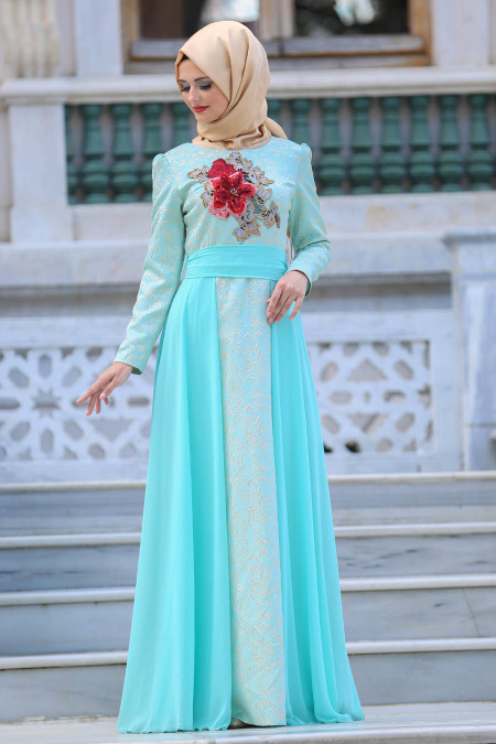 Tesettür Abiye Elbise - Çiçek Nakışlı Mint Abiye Elbise 2430MINT