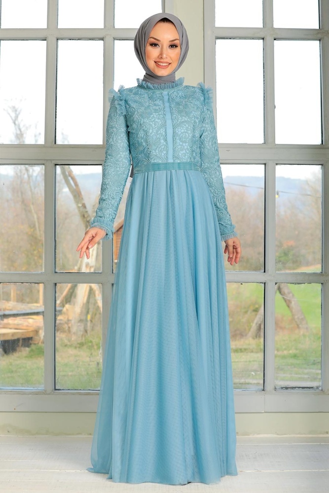 ​Tesettür Abiye Elbise - Dantel İşlemeli Bebek Mavis Tesettür Abiye Elbise 32670BM - 2