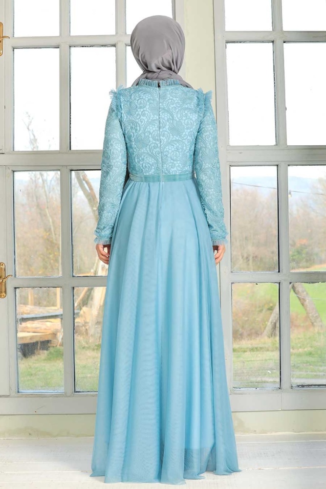 ​Tesettür Abiye Elbise - Dantel İşlemeli Bebek Mavis Tesettür Abiye Elbise 32670BM - 4
